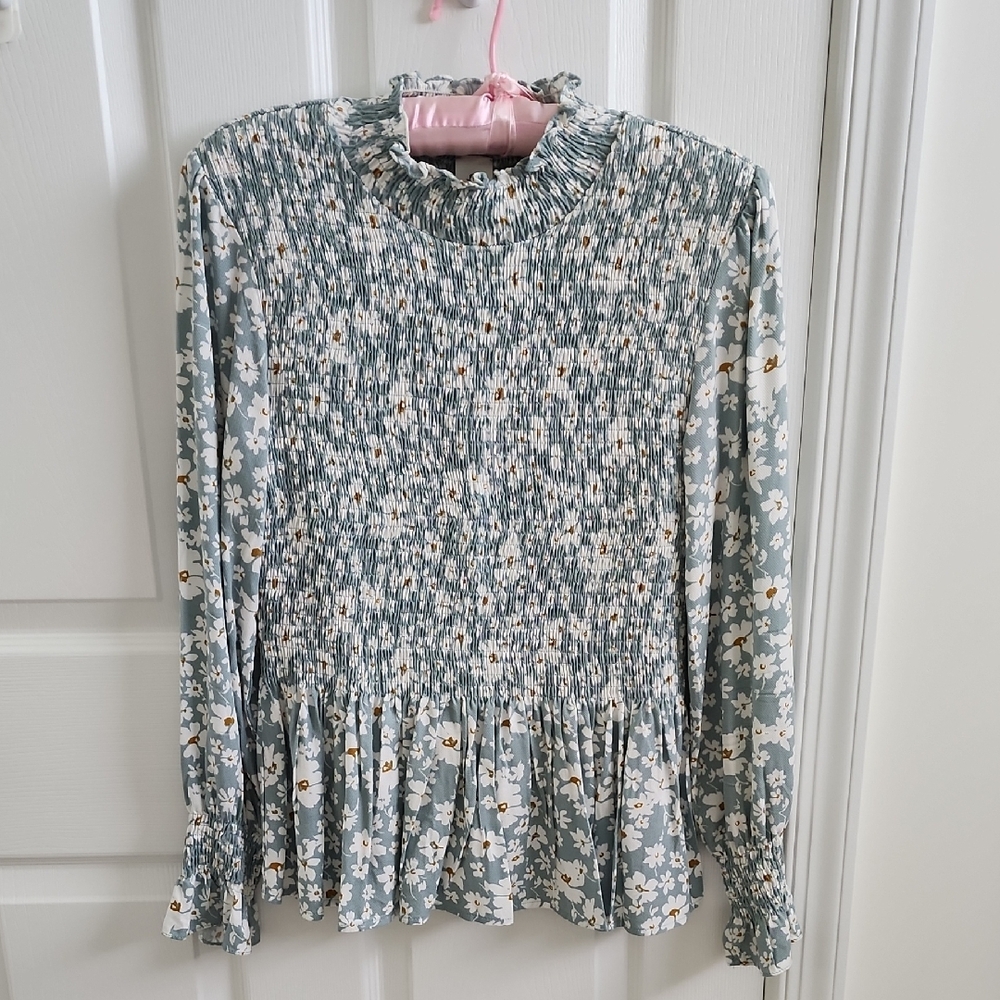 Womens Floral Smocked Long Sleeve Flower Print Top